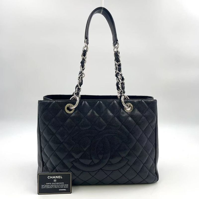 Chanel GST Tote Bag Matelasse 13th Caviar Skin Black Shoulder Bag Silver