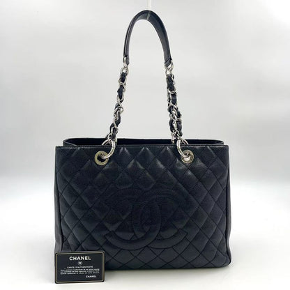 Chanel GST Tote Bag Matelasse 13th Caviar Skin Black Shoulder Bag Silver