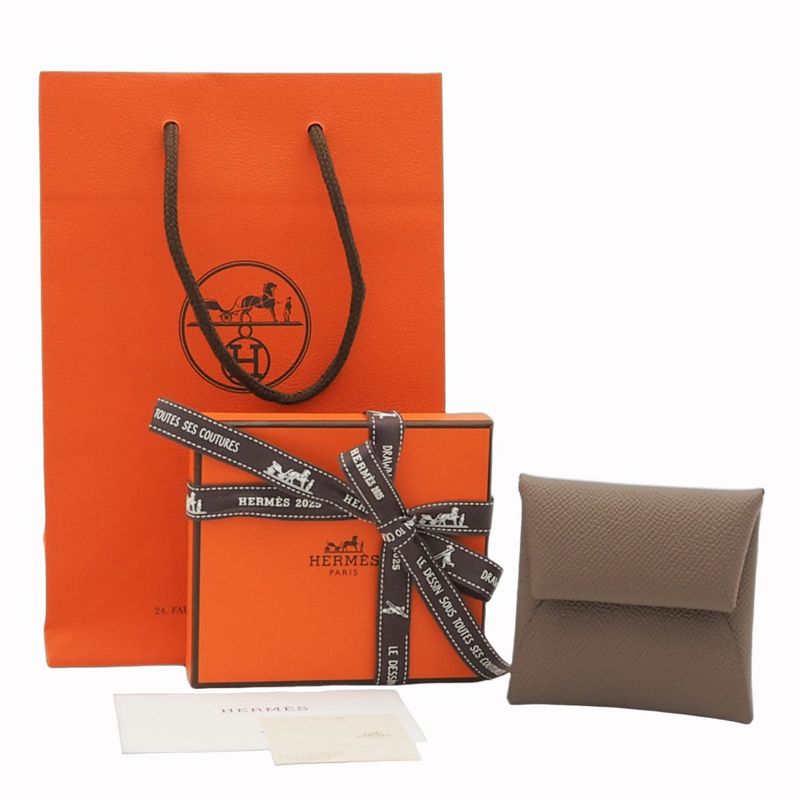 Hermes Bastia Etoupe Beige Vaux Epson Coin Case Coin Purse Silver