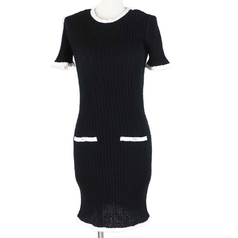 CHANEL P72078 Bicolor Short Sleeve Dress With Coco Mark Buttons Black White 36