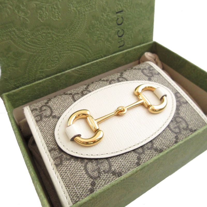 Gucci 621887 Horsebit GG Supreme Leather Beige Compact Wallet Bifold Wallet