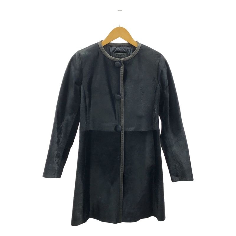 Prada - Leather Paneled Fur Collarless Long Coat - Fully Lined - 40 - Dark Navy