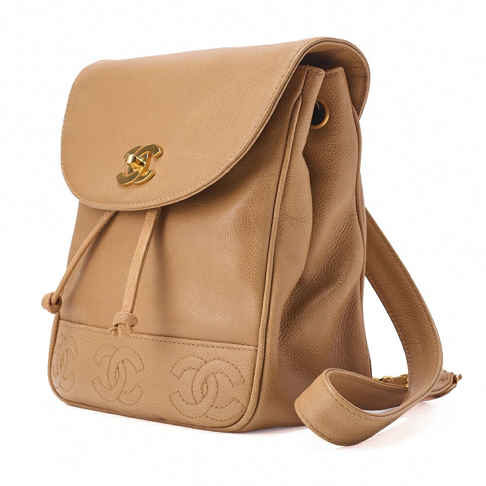 Chanel Backpack Caviar Skin Triple Coco Turnlock Beige Gold Hardware Women's