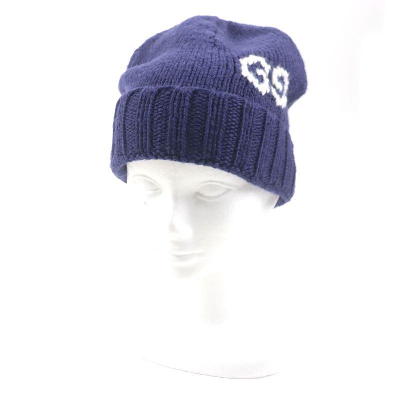 Gucci 602886 GG LOGO KNIT Baenie 100% Wool Hat Knit Cap Navy M (58 22cm