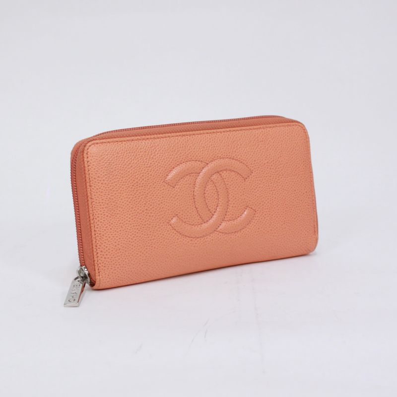 Chanel Coco Mark Round Zip Wallet Caviar Skin Orange Wallet Silver