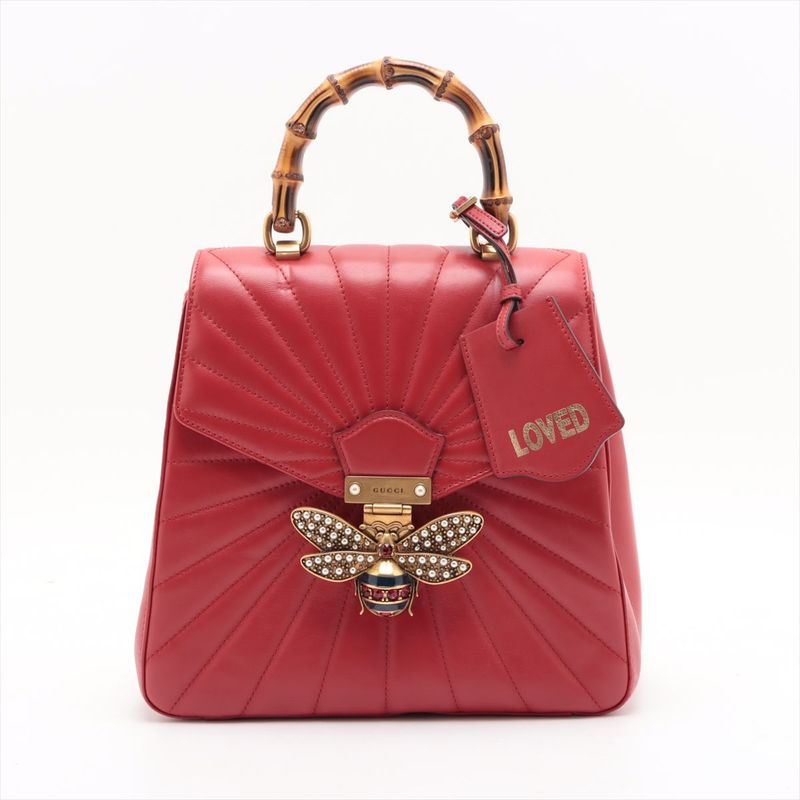 Gucci Bamboo Queen Margaret Leather Backpack Bee Red 476664 Made In Italy