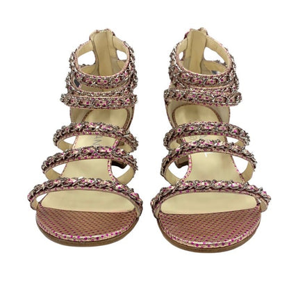 Chanel Sandals Shoes Leather Pink Silver Coco Mark Chain Dot Metallic