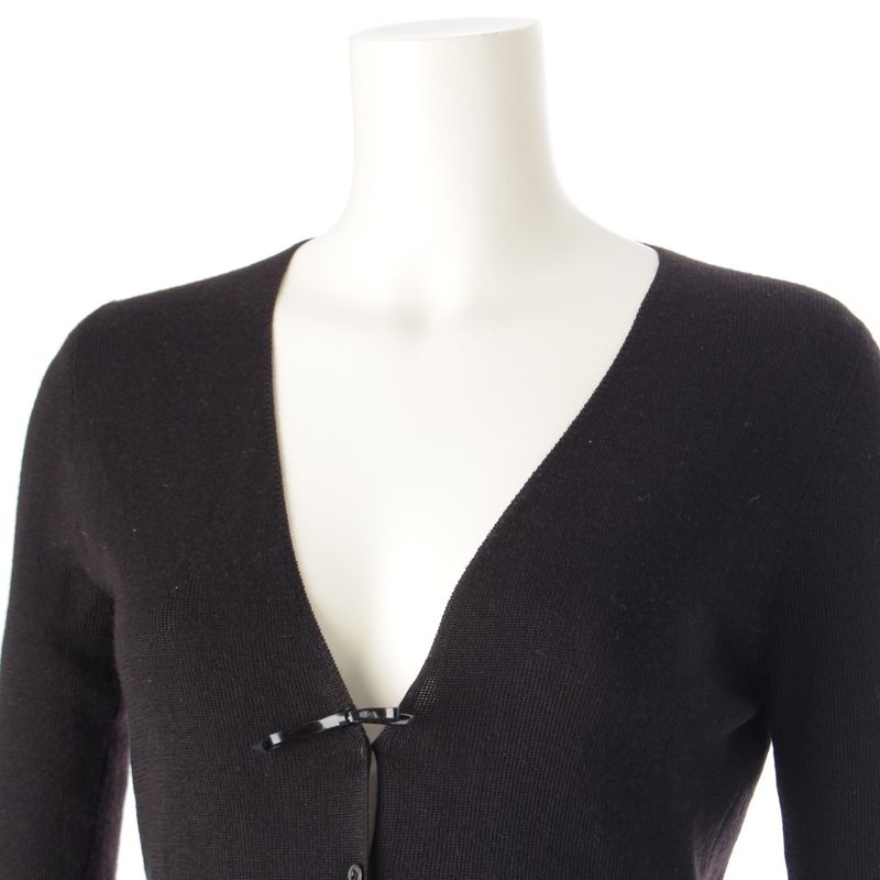 Prada Cashmere Silk Archive Ribbon Design V-neck Long Sleeve Cardigan Top Black