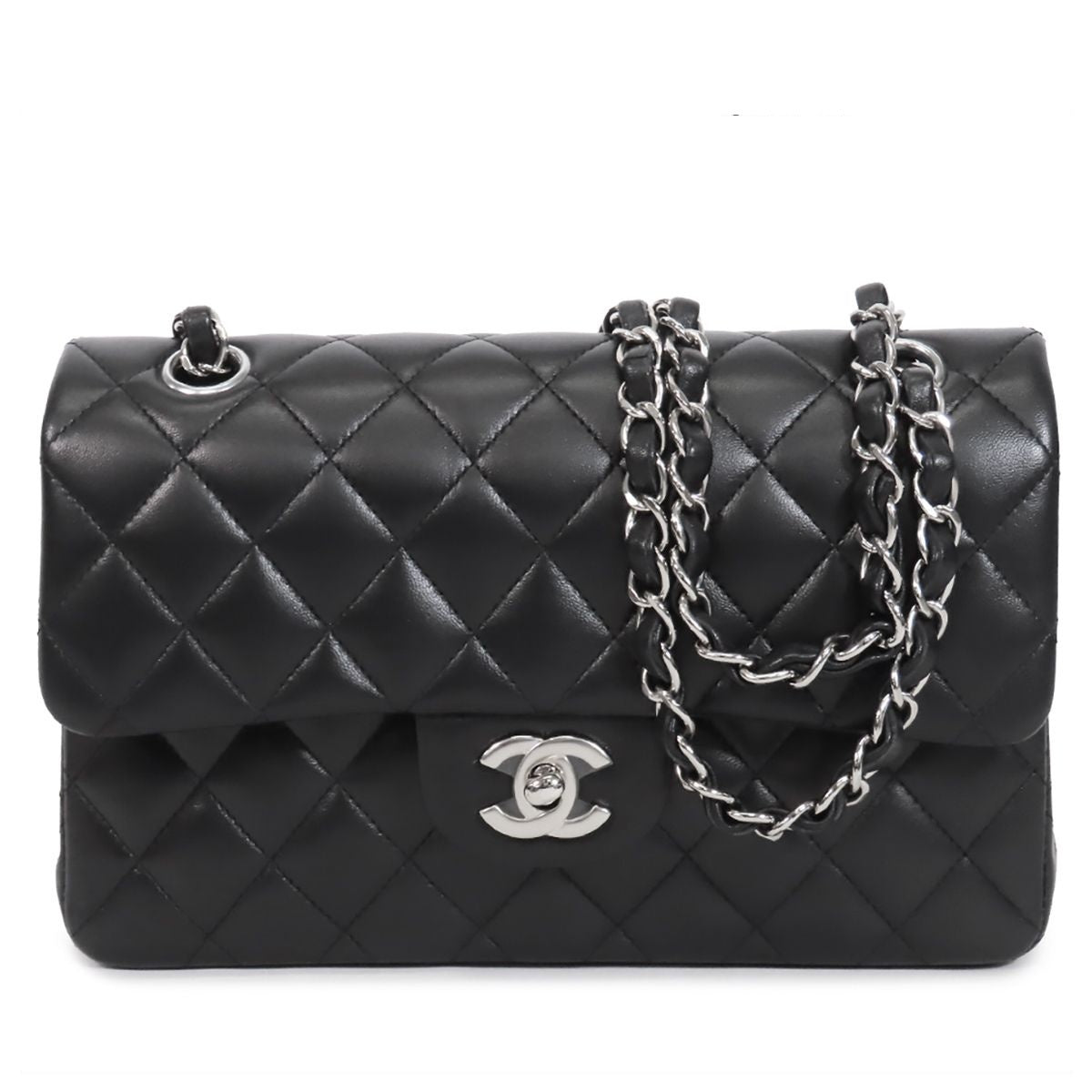 Chanel Chain Black Silver Lambskin Quilted 23 Double Flap Shoulder Bag