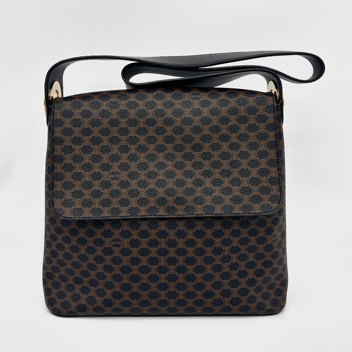 Celine Macadam Blason Pattern Circle Logo Leather Shoulder Bag Tote Black