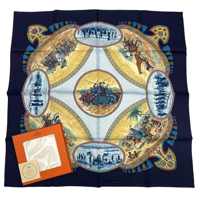 Hermes Carre 90 Scarf Silk Cavaliers Peuls Horseman Of The Pool Tribe Navy