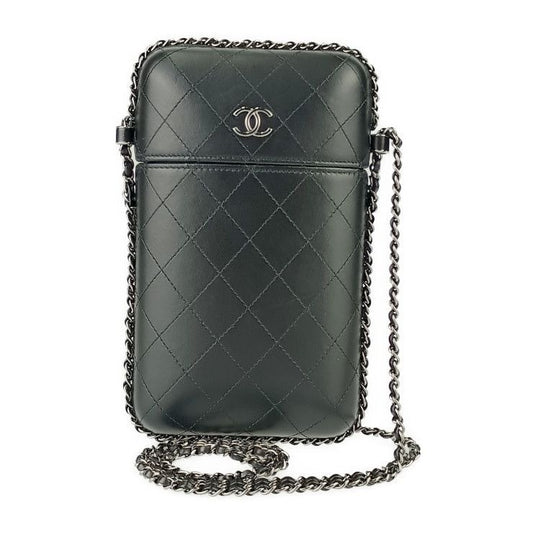 Chanel Shoulder Bag Chain Phone Holder Black Silver Hardware Lambskin