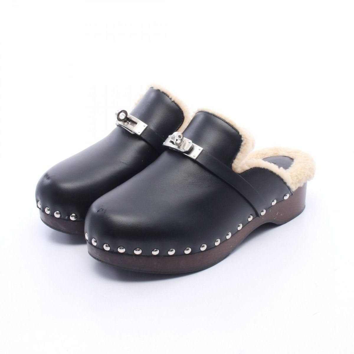 Hermes Sandals Carlotta Kelly Buckle Sabot Black Leather Mouton