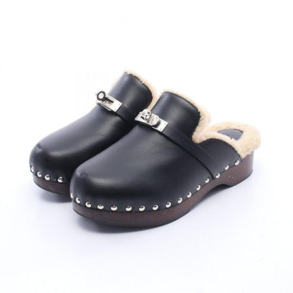 Hermes Sandals Carlotta Kelly Buckle Sabot Black Leather Mouton