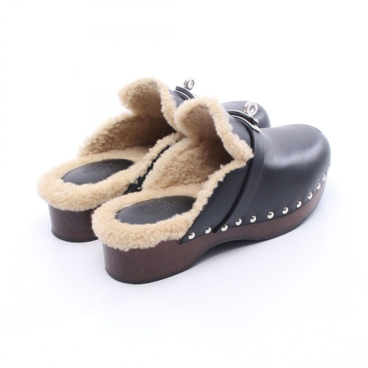 Hermes Sandals Carlotta Kelly Buckle Sabot Black Leather Mouton — view 2