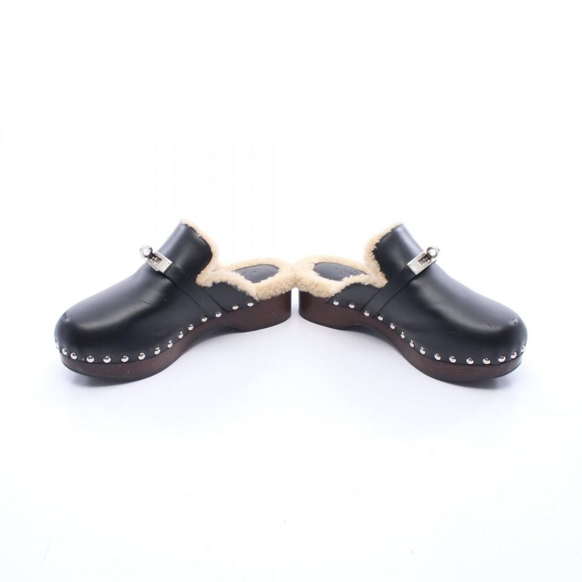 Hermes Sandals Carlotta Kelly Buckle Sabot Black Leather Mouton — view 3