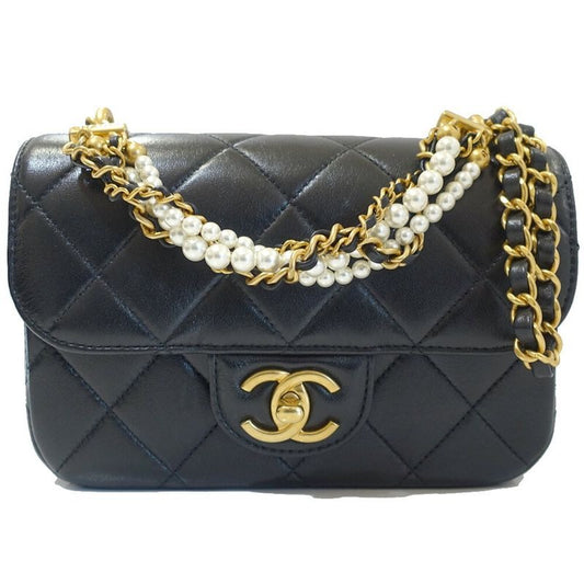Chanel Mini Quilted Shoulder Bag Leather Pearl BK Gdhardware Random