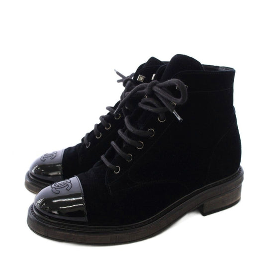 Chanel Lace Up Combat Boots Velvet CC Logo 37C Black