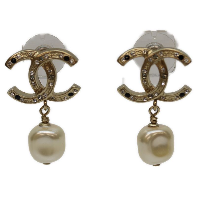 Chanel B12A GP Rhinestone Coco Pearl Swing Earrings