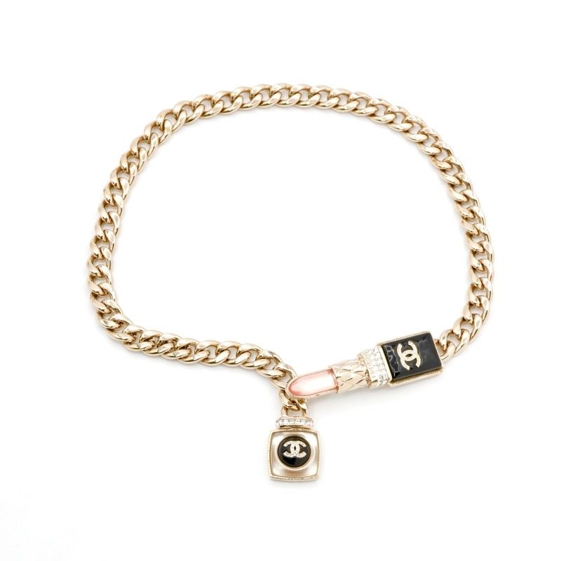 Chanel Necklace Pendant Choker Gold Black Pink Coco Mark Lip Rhinestone Chain