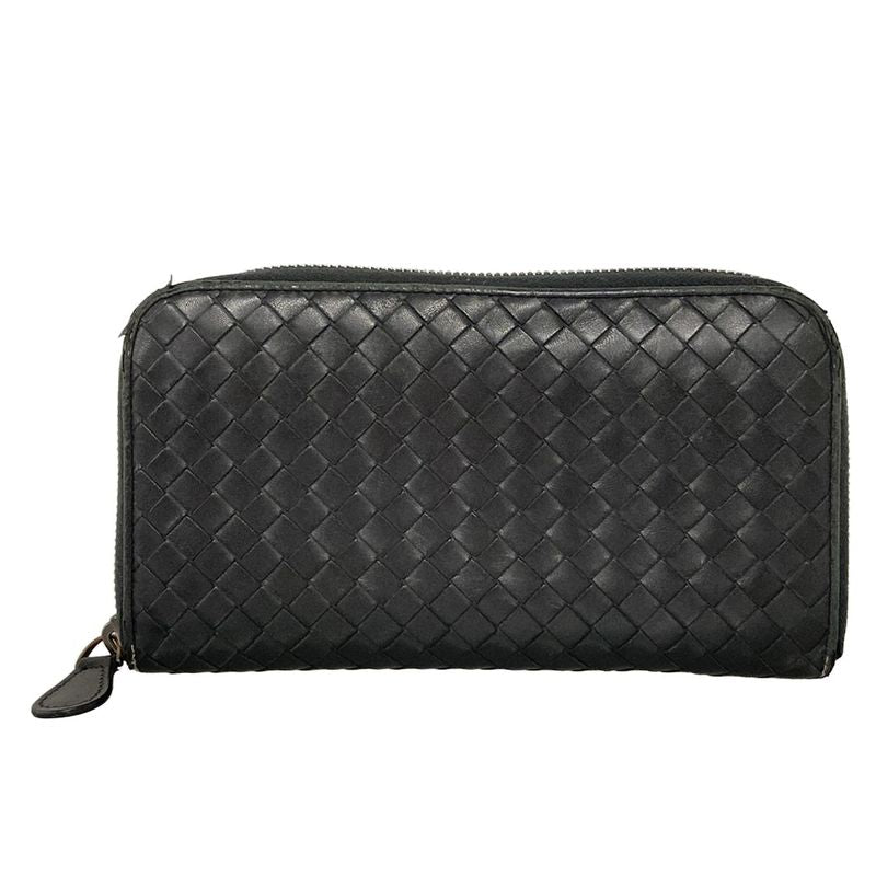 Bottega Veneta Long Zip Around Wallet 114076 Black Braided/round Zipper Leather