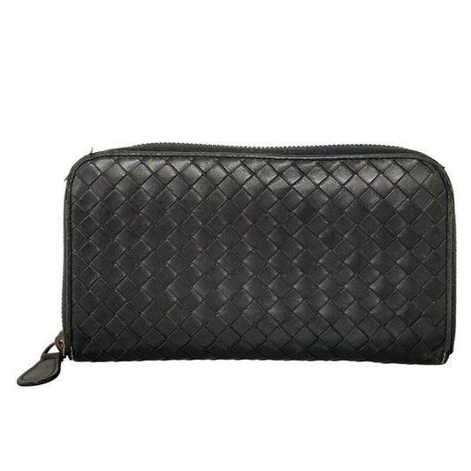 Bottega Veneta Long Zip Around Wallet 114076 Black Braided/round Zipper Leather