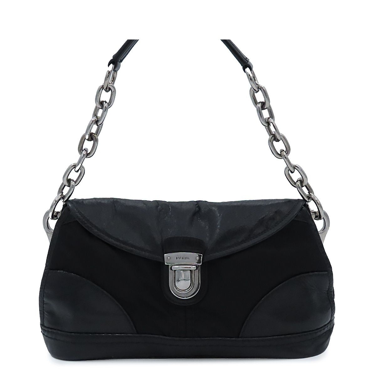 Prada Chain Shoulder Bag Black Silver Nylon Leather