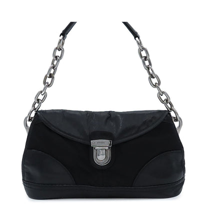 Prada Chain Shoulder Bag Black Silver Nylon Leather
