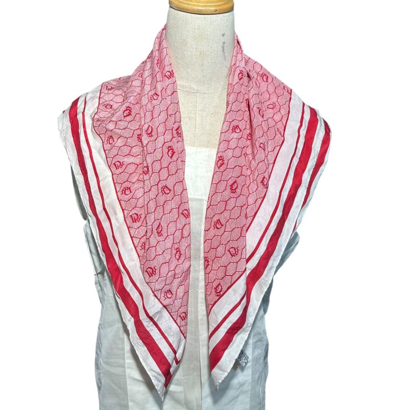 Christian Dior Old Square Line Trotter Silk Scarf Red and White