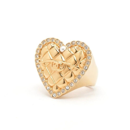 Chanel Ring Gold Coco Mark Heart Quilted Rhinestone