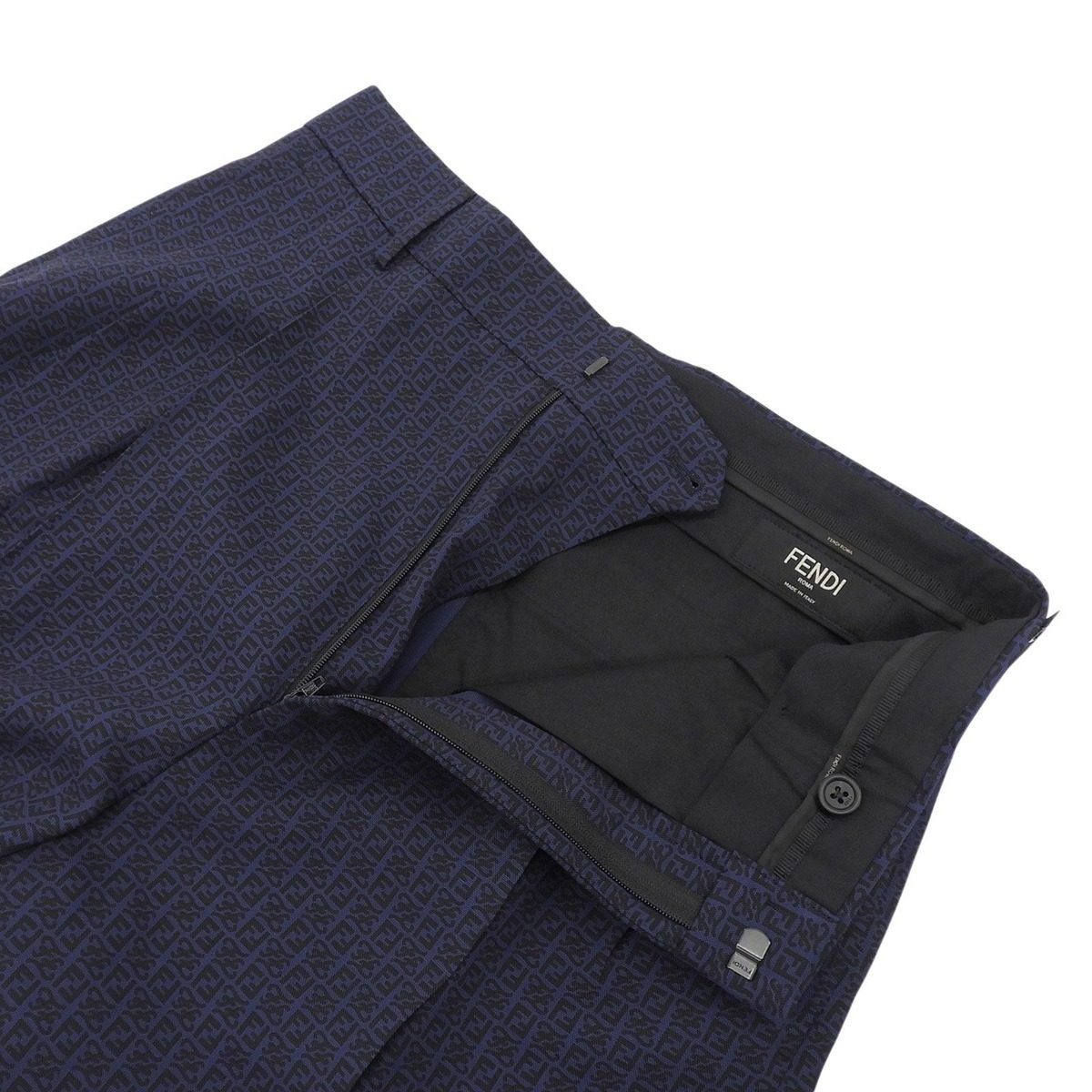 Fendi Linen Silk Blend Fflogo Zucca All Over Pattern Tucked Shorts Navy 46 — view 3
