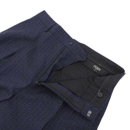 Fendi Linen Silk Blend Fflogo Zucca All Over Pattern Tucked Shorts Navy 46 — view 3