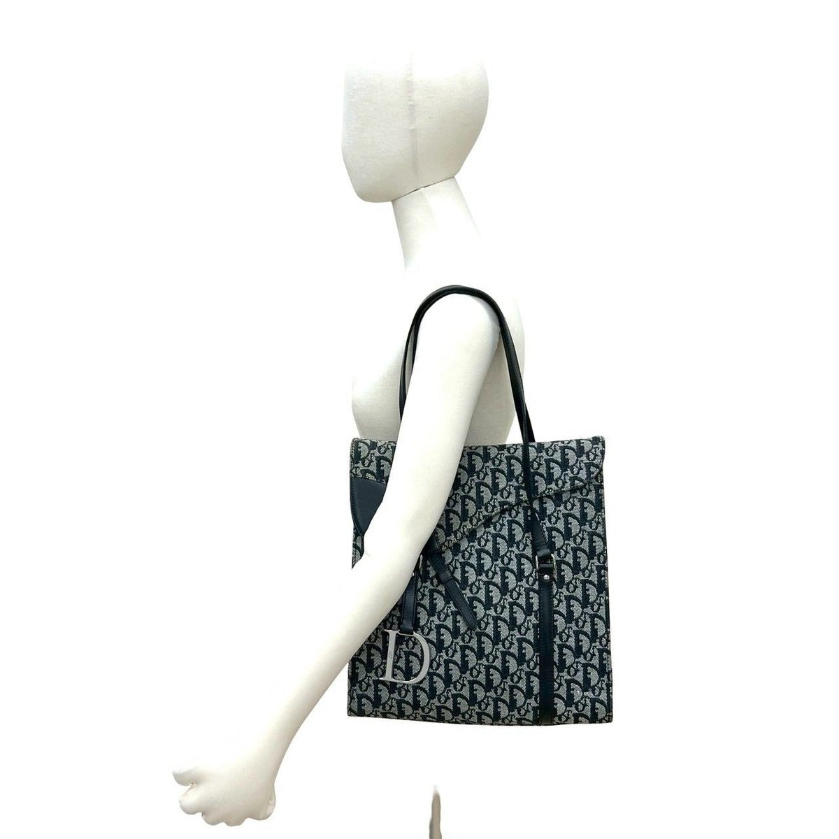 Dior Trotter Pattern Saddle Flap Canvas Leather Tote — view 2