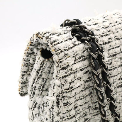 Chanel 255 Tweed W Flap Chain Bag Shoulder Bag Flower Motif Leather White Black