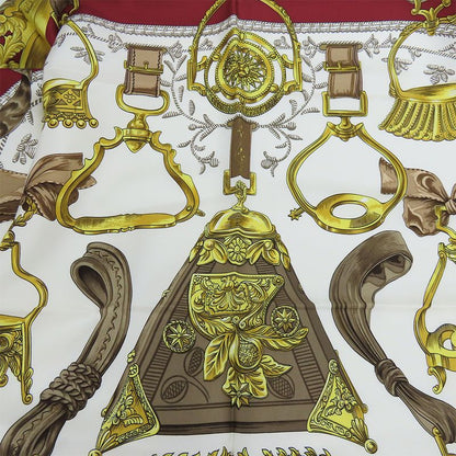 Hermes Scarf Carré 90 Silk Red White Yellow Fashionable Equestrian Pattern