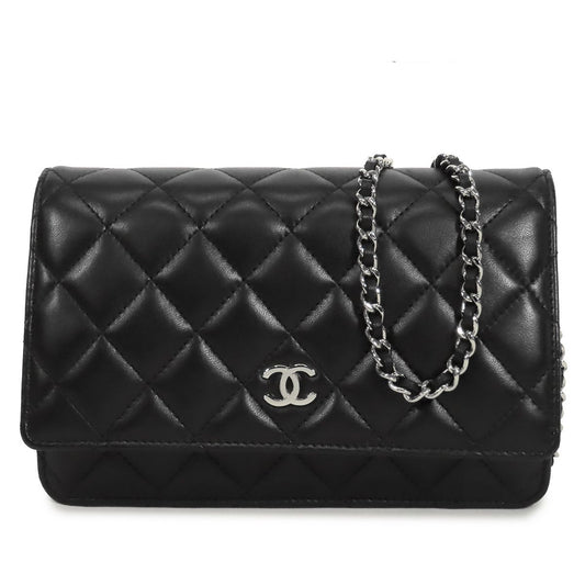 Chanel Chain Wallet Black Silver Lambskin Quilted Pochette Shoulder Bag
