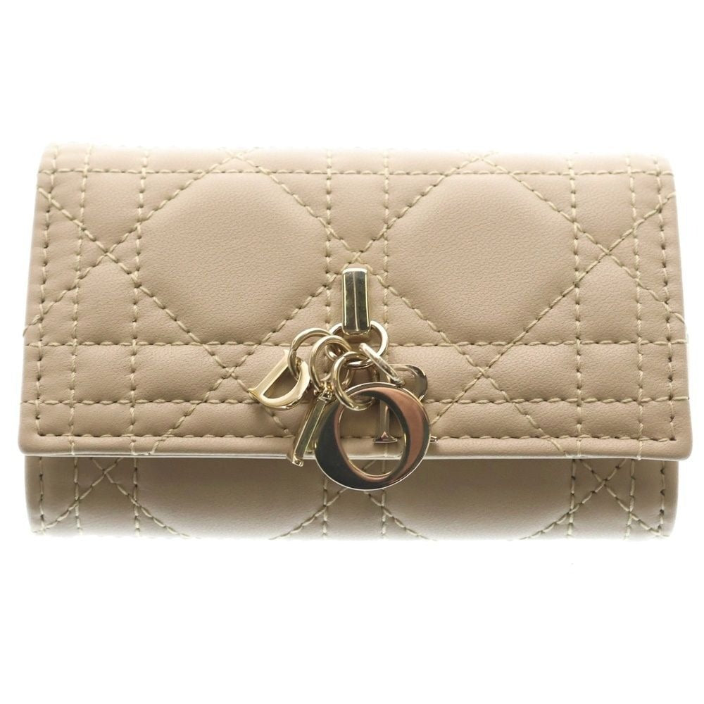 Dior Cannage Key Case Sling Bag Charm Leather Beige Gold