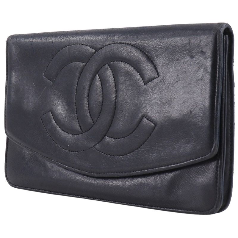 Chanel Coco Mark Vintage Lambskin Black Women's Long Wallet