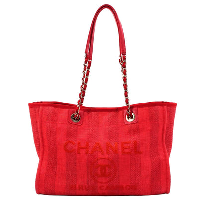 Chanel Deauville MM Chain Tote Mixed Fiber Red Gold