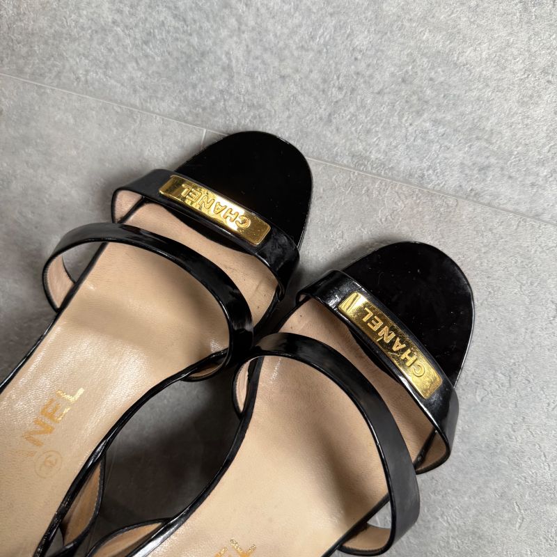 Chanel Logo Sandals Patent Leather Black Gold 37 24cm (9.45in)