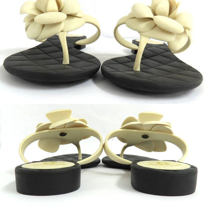 Chanel Camellia Beach Sandals Flat Heel 35 Black White Rubber Thong