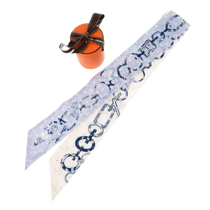 Hermes Twillye De L'ebookle Broderie Anglaise Silk Blue Scarf 0146