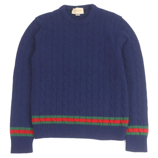Gucci Cashmere Wool Webline Crew Neck Cable Knit Sweater Navy