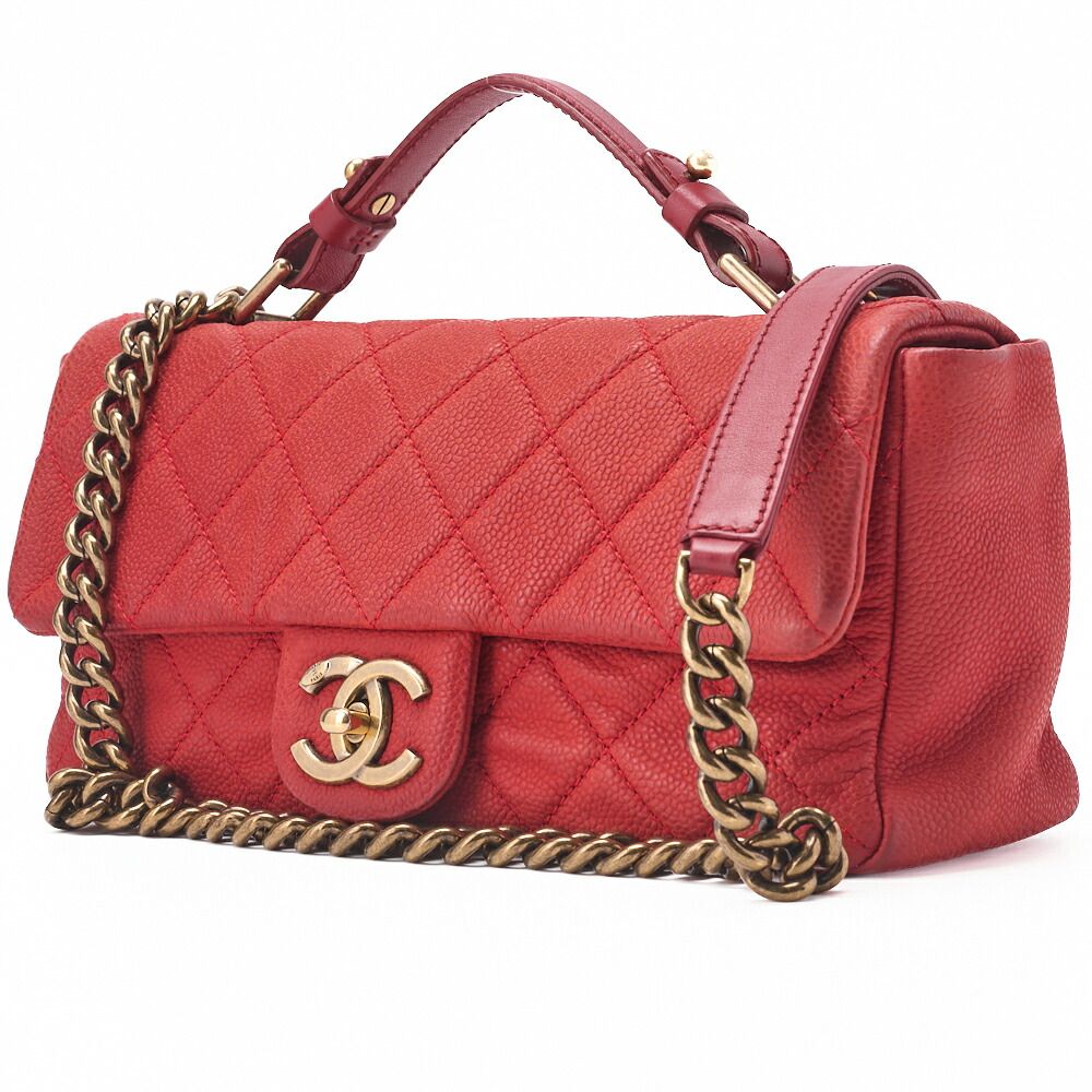 Chanel Chain Shoulder Bag Matelasse Turnlock 2way Caviar Skin Red Gold Hardware