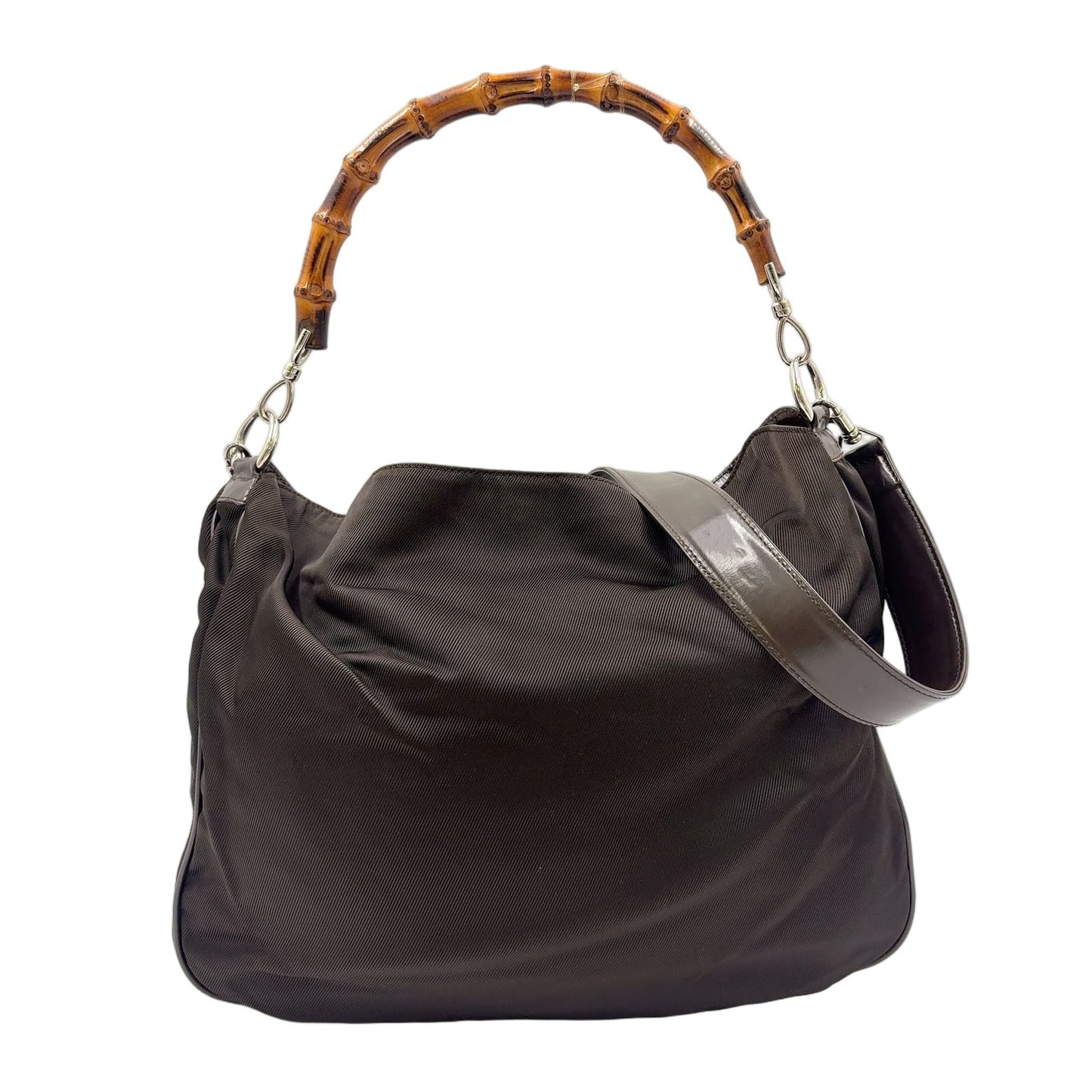 Gucci Bamboo Handle 2-Way Shoulder Leather Nylon Brown Handbag Silver