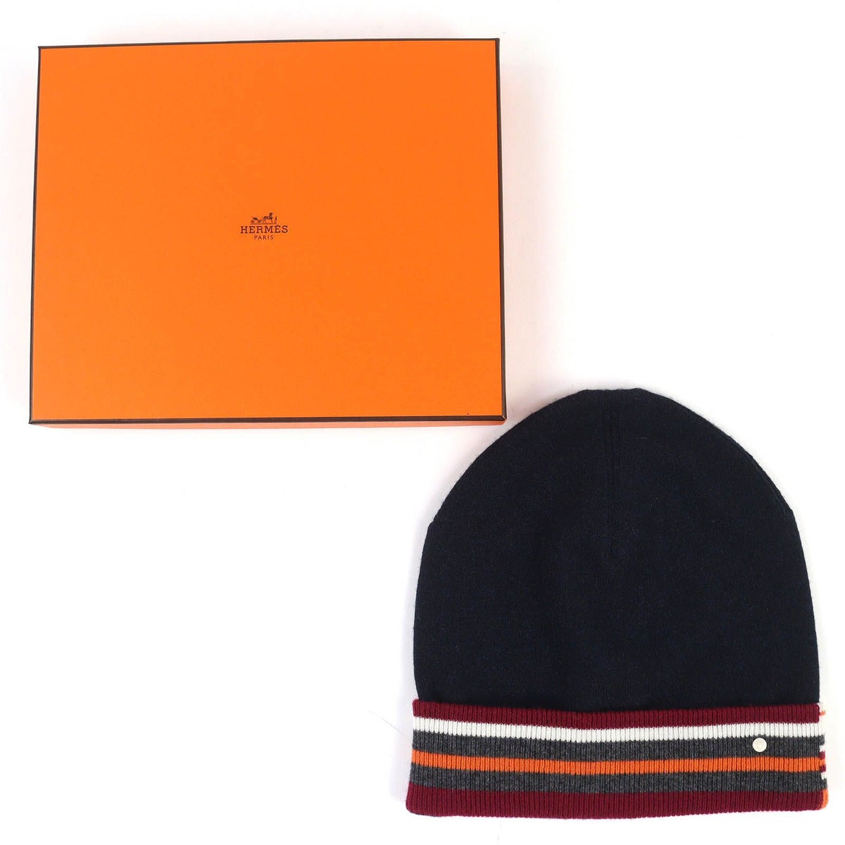 Hermes Twist Cashmere Series Button Beanie Knit Cap Navy Multicolor L — view 2