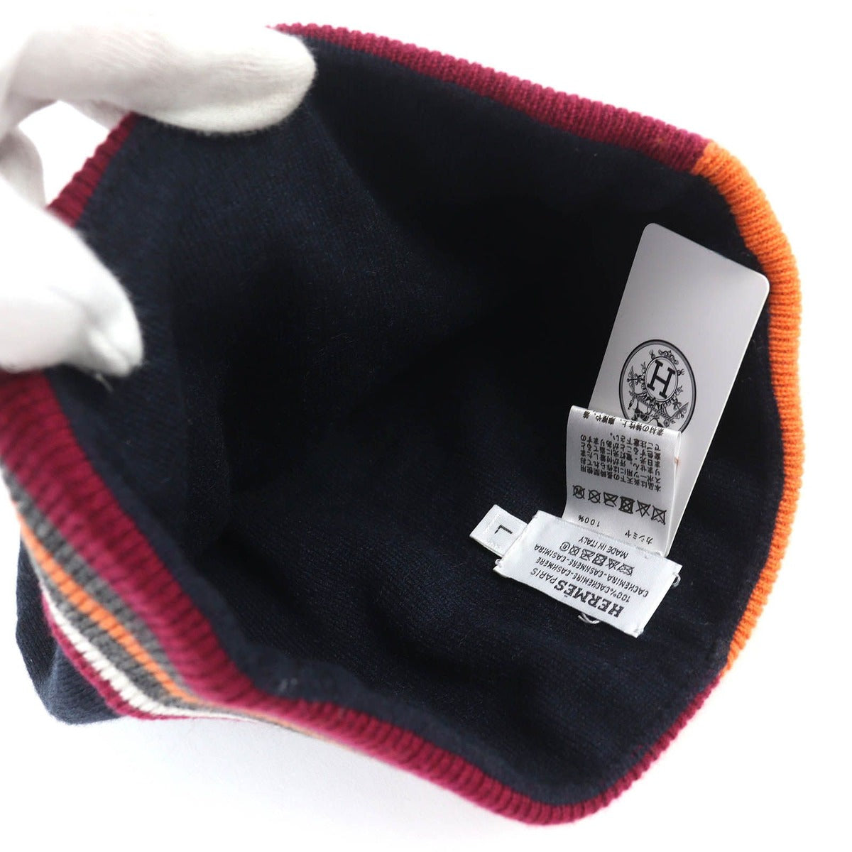 Hermes Twist Cashmere Series Button Beanie Knit Cap Navy Multicolor L — view 6
