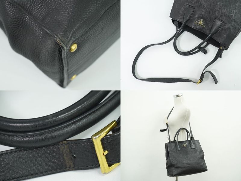 Authentic Prada Leather 2WAY Shoulder Bag Tote Handbag Pochette Black Bag