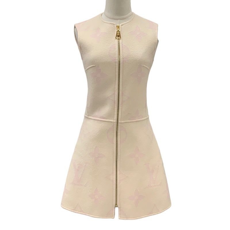 Louis Vuitton Dress Beige Pink Giant Monogram Sleeveless Front Zip