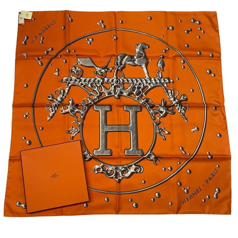Hermes Carre 90 Vif Argent Silver Drop Scarf Silk Orange Box
